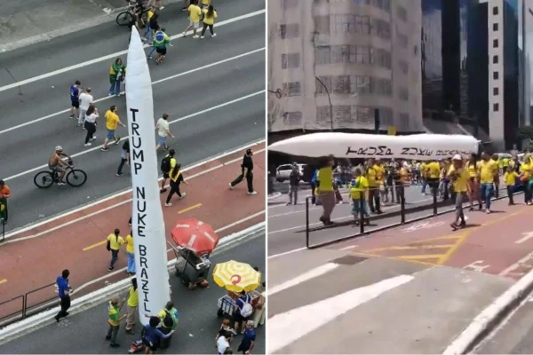 Manifestantes em ato de Flávio Bolsonaro na Paulista pedem ataque nuclear dos EUA